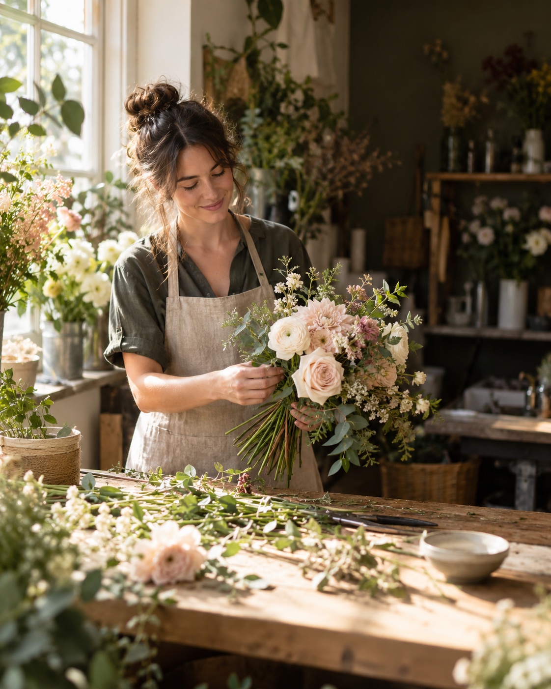 A florist arranging flowers at her shop workbench